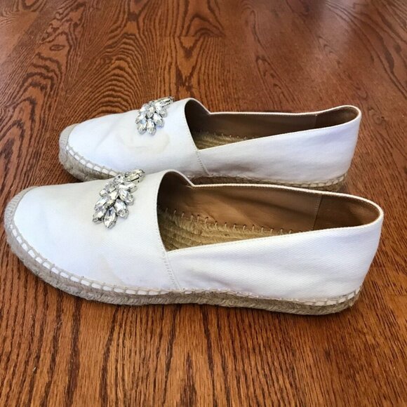 MIU MIU Espadrille Embellished Flats Shoes Womens 38 8 White Canvas Crystals - Picture 8 of 12